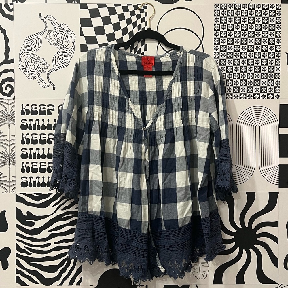 V Cristina Blue/White Gingham Crochet Size M Top